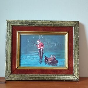 Framed Santa's Gone Fishing Vintage Card